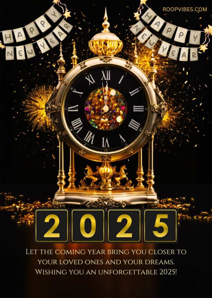 An Elegant Vintage Clock With Golden Accents Set To Midnight, Surrounded By Fireworks And Banners, With The Text '2025 Happy New Year' And A Heartfelt Message Wishing An Unforgettable Year.