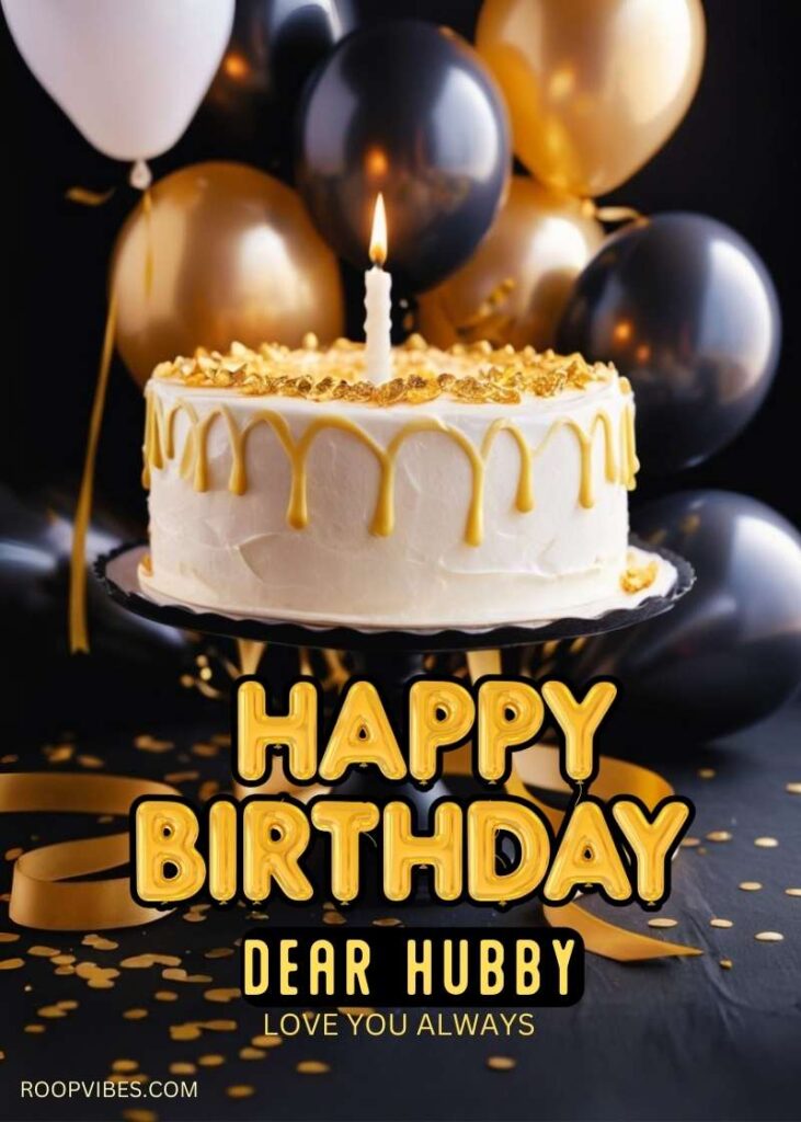 Elegant White Birthday Cake With Gold Accents And A Single Glowing Candle, Paired With Golden And Black Balloons, Perfect For A Loving Hubby'S Birthday