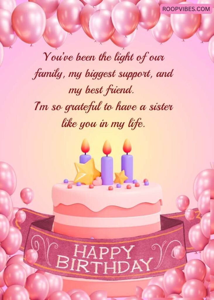 Pink-Themed Birthday Card With A Pastel Cake, Purple Candles, And Star Decorations, Surrounded By Pink Balloons, Along With A Birthday Message For A Favorite Sister