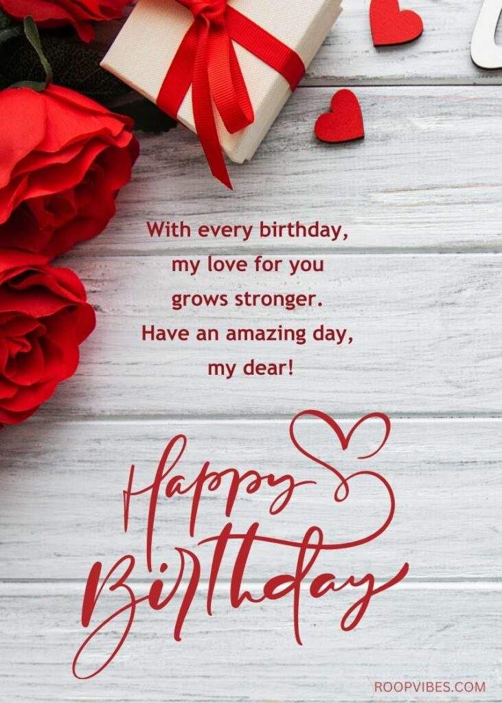 Romantic Happy Birthday Card With A Red Rose Bouquet, Gift Box, And A Love-Filled Quote For A Special Person