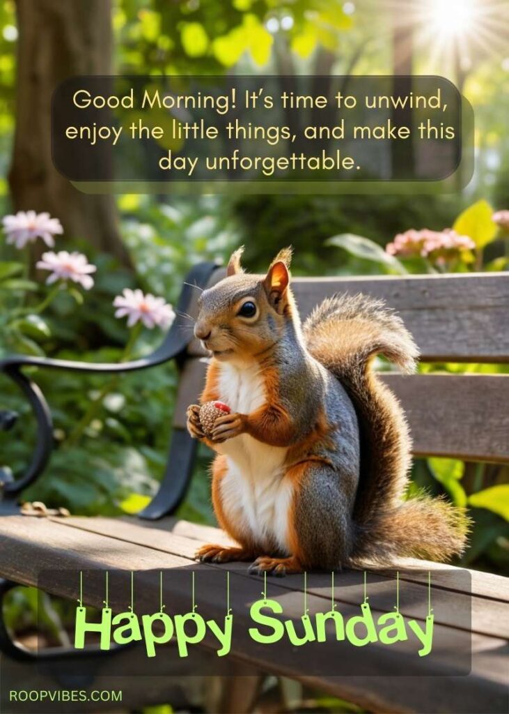 A Cute Squirrel Sitting On A Park Bench Holding A Nut, Surrounded By Greenery And Flowers, With The Text ‘Good Morning! It’s Time To Unwind, Enjoy The Little Things, And Make This Day Unforgettable. Happy Sunday.