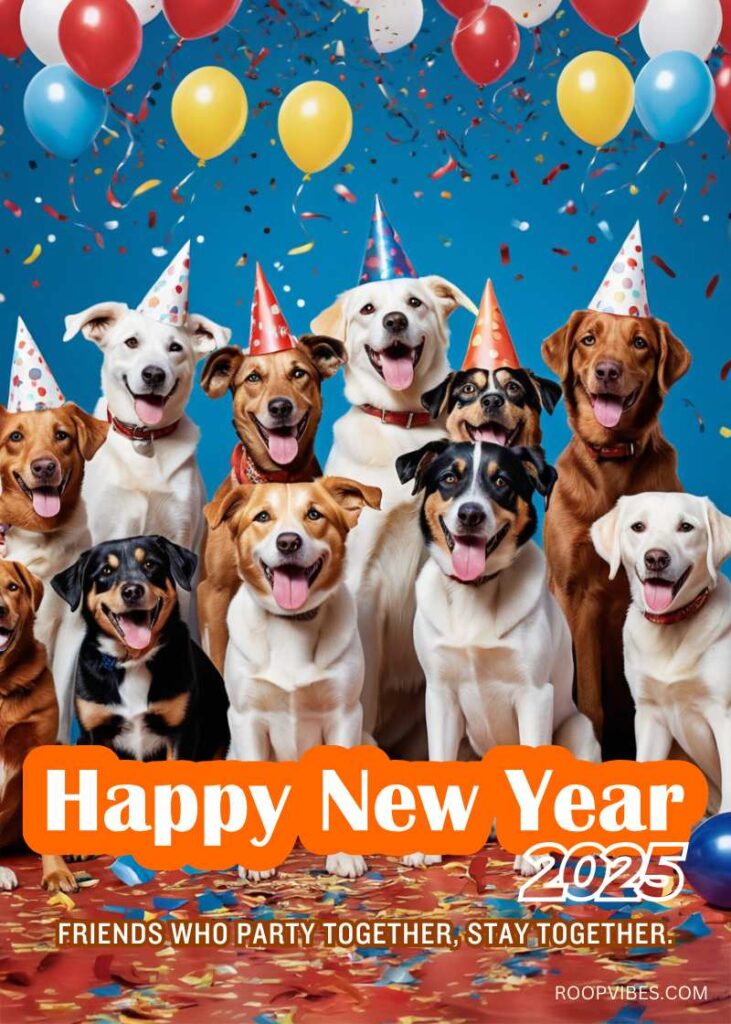 A Group Of Cute Dogs Wearing Colorful Party Hats, Surrounded By Balloons And Confetti, With The Text 'Happy New Year 2025' And The Tagline 'Friends Who Party Together, Stay Together.