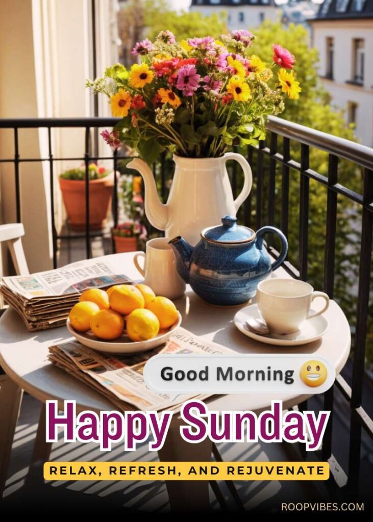 Breakfast Table On A Balcony With A Flower Vase, Tea Cup, Tea Pot, Oranges And Folded Newspapers With Happy Sunday And Good Morning Wishes.