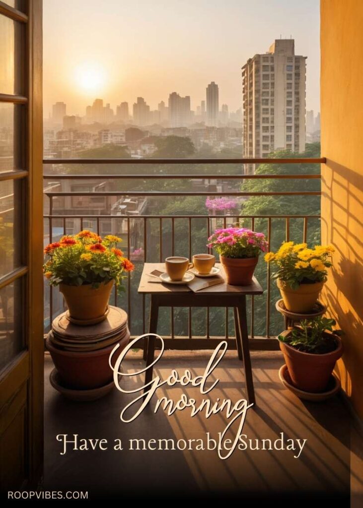 A Cozy Balcony Setting With Potted Flowers, Tea Cups, And A Sunrise View Of A City Skyline, Accompanied By Good Morning And Have A Memorable Sunday Wishes.