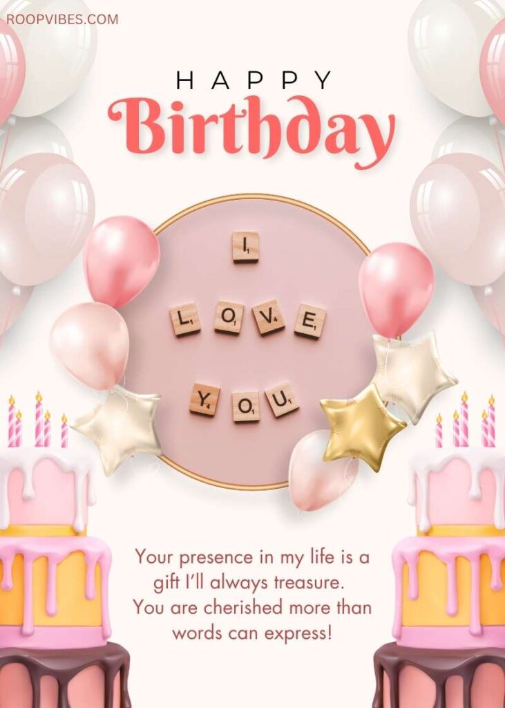 Elegant Happy Birthday Greeting Featuring Party Balloons, A Decorative Cake, And A Heartfelt Message Saying 'I Love You'