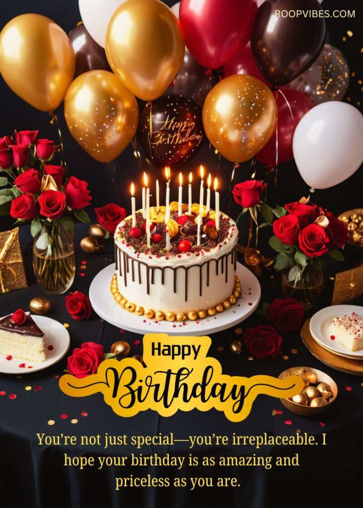 Elegant Happy Birthday Setup Featuring A Layered Cake, Red Roses, Black, Red And Golden Balloons, And Celebratory Decorations Along With A Happy Birthday Message.