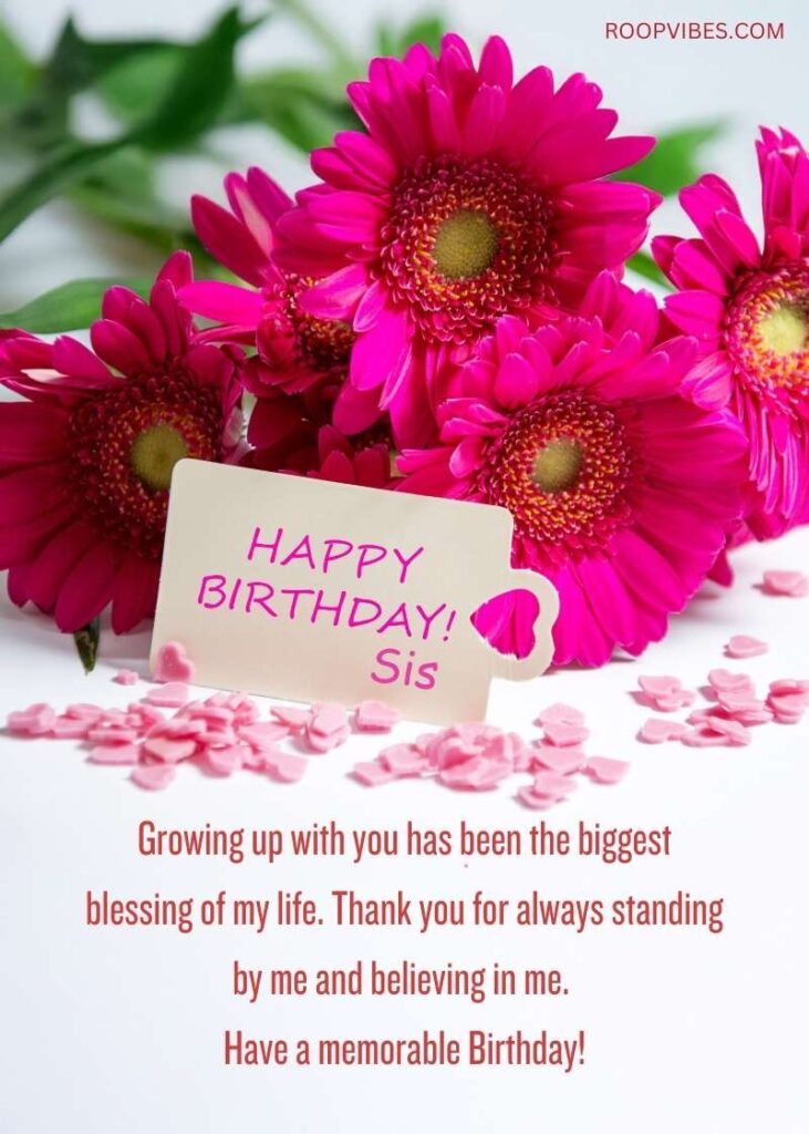 Vibrant Bouquet Of Pink Flowers With A Happy Birthday Sis Tag, Accompanied By Heartfelt Birthday Wishes For A Sister