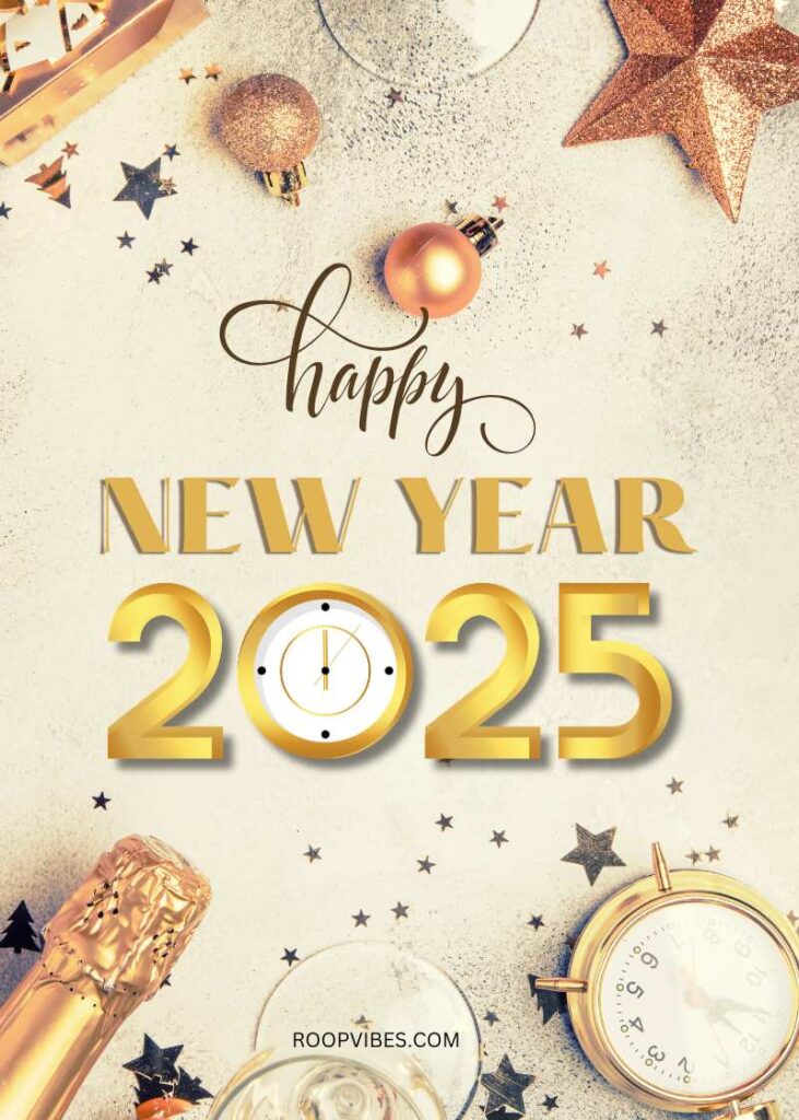 Elegant New Year Design Featuring Golden Ornaments, A Clock Showing Midnight, And Glittering Decorations With The Text 'Happy New Year 2025' In A Luxurious Gold Font