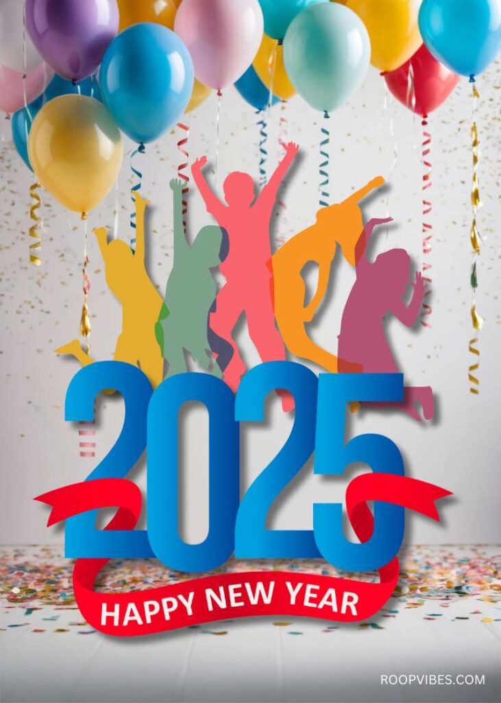 A Cheerful Design Featuring Colorful Balloons And Confetti With Silhouetted Figures Celebrating, Centered Around '2025' In Bold Blue Text And 'Happy New Year' Written On A Red Ribbon.