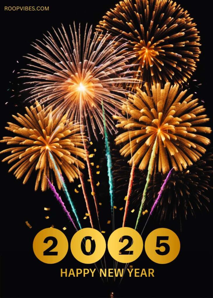 Dazzling Golden Fireworks Lighting Up The Night Sky, With '2025 Happy New Year' Written Below In Bold Gold Text, Celebrating The Arrival Of The New Year.