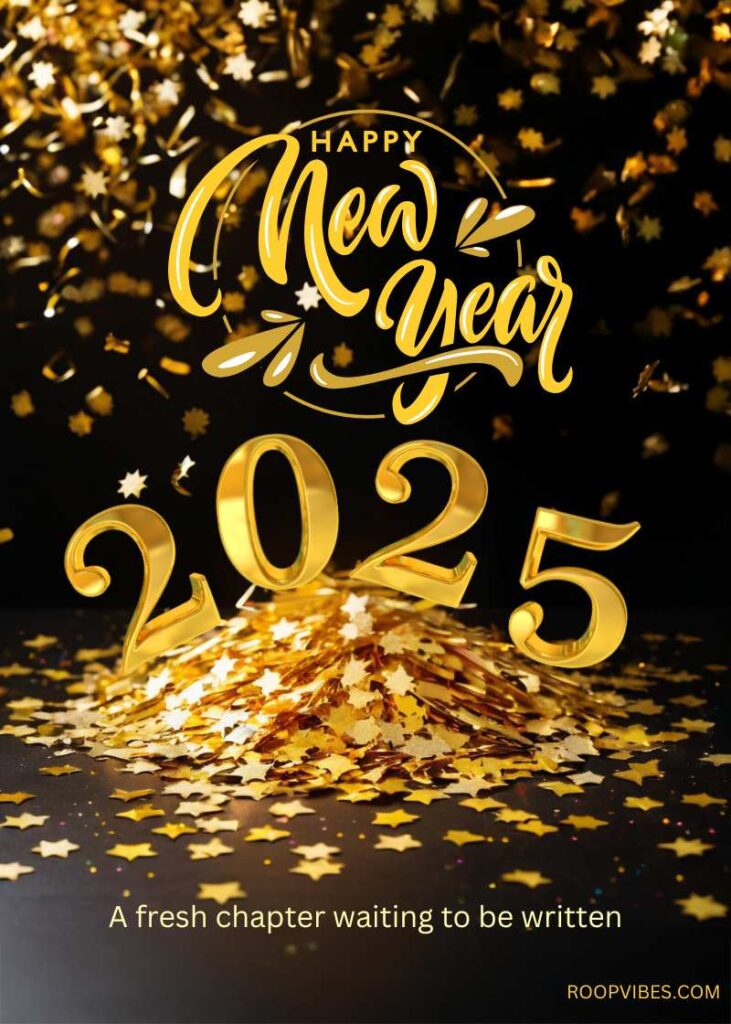 A Golden-Themed New Year Design Featuring 'Happy New Year 2025' Text With Shiny Golden Confetti And Stars, Symbolizing A Fresh Chapter Waiting To Be Written.