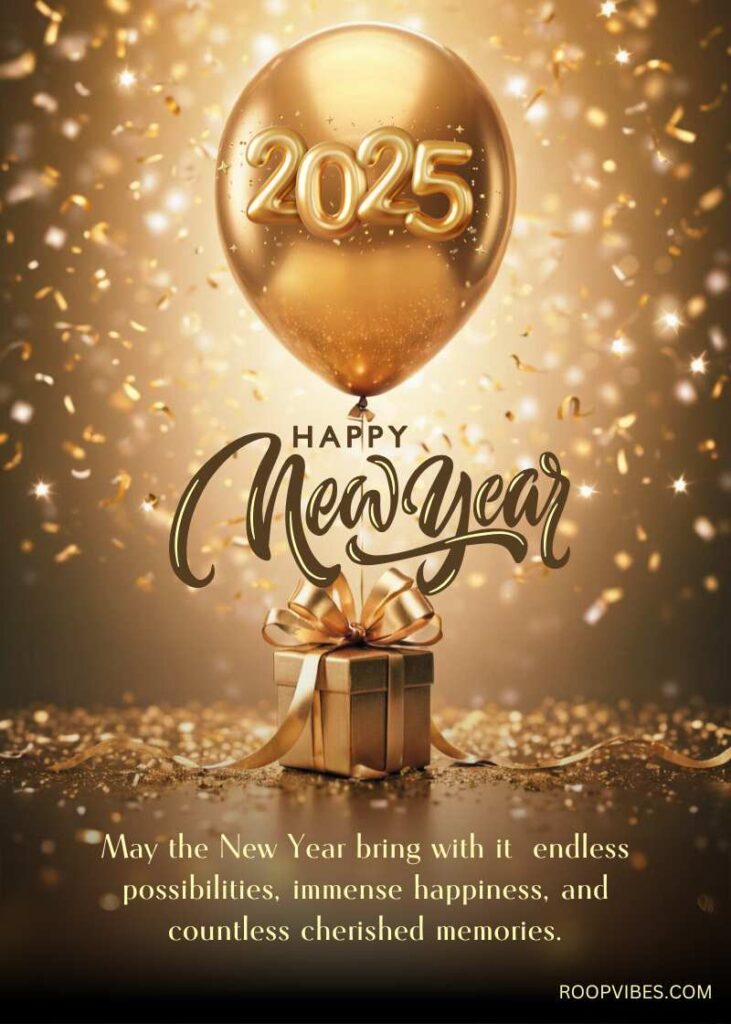 A Golden Balloon With '2025' Floating Above A Gift Box, Surrounded By Glittering Confetti, With The Message 'May The New Year Bring Endless Possibilities, Immense Happiness, And Countless Cherished Memories.