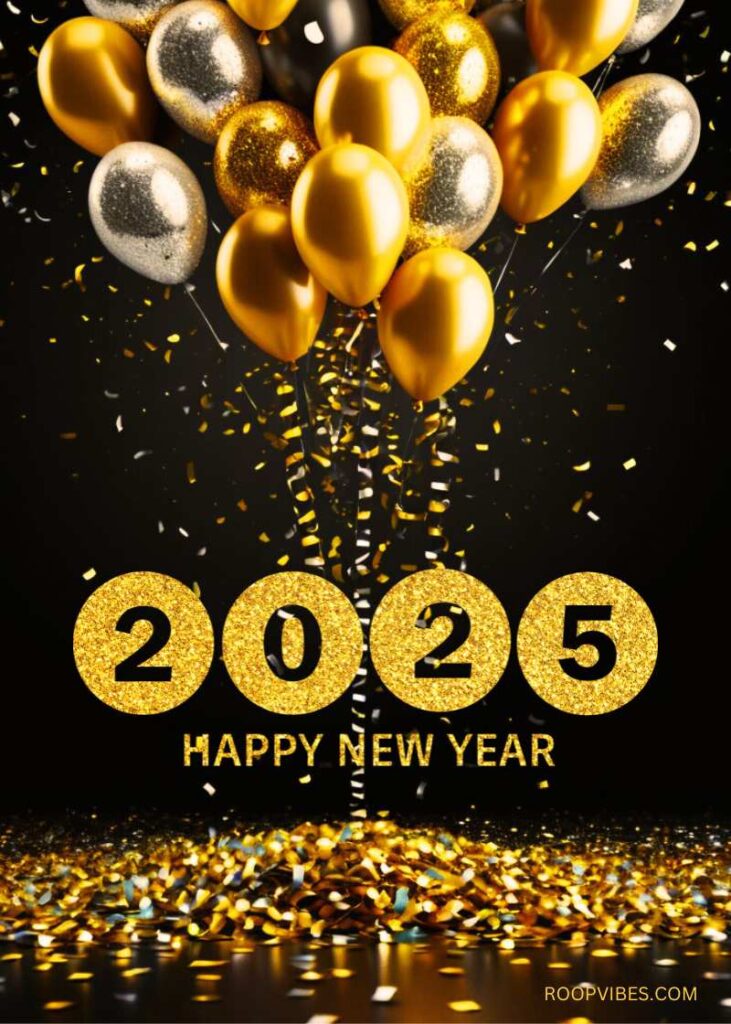 A Cluster Of Golden And Silver Balloons Surrounded By Shimmering Confetti With The Text '2025 Happy New Year' In Sparkling Gold Font, Exuding A Festive Vibe.