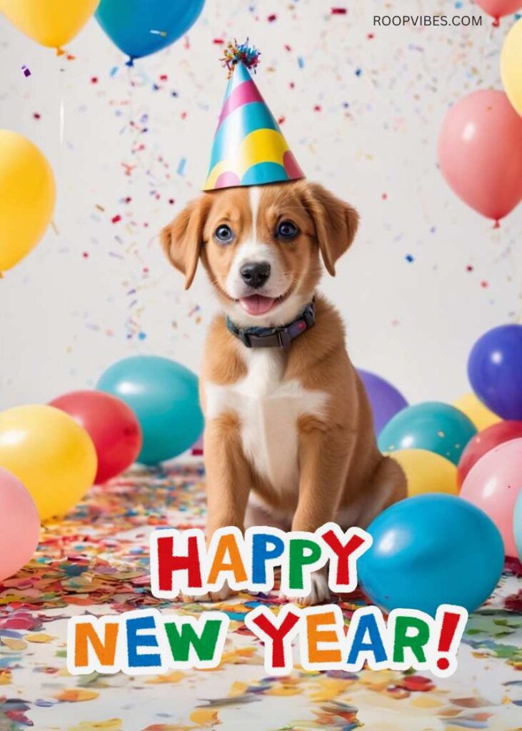 A Cute Puppy Wearing A Party Hat, Surrounded By Colorful Balloons And Confetti, With The Text 'Happy New Year' In Playful, Colorful Font, Creating A Fun And Festive Vibe.