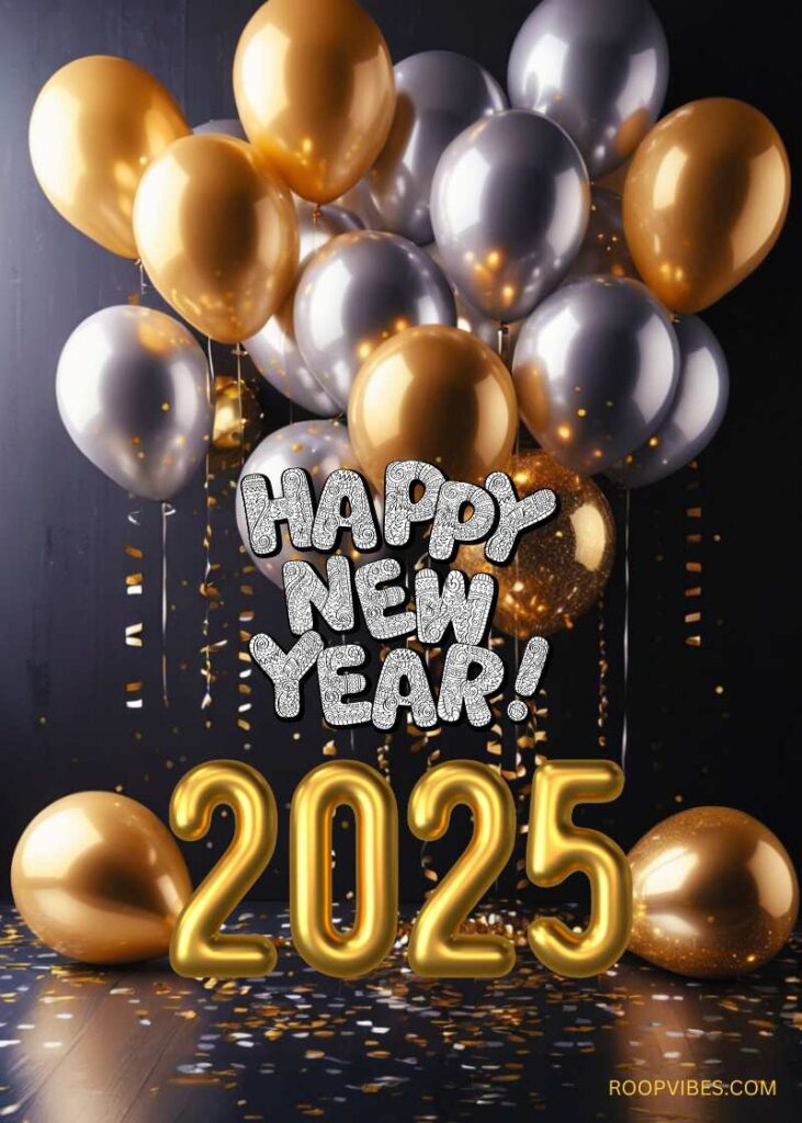 A Stunning Arrangement Of Golden And Silver Balloons, Confetti, And Decorative Text Saying 'Happy New Year 2025,' Creating A Festive And Celebratory Atmosphere.