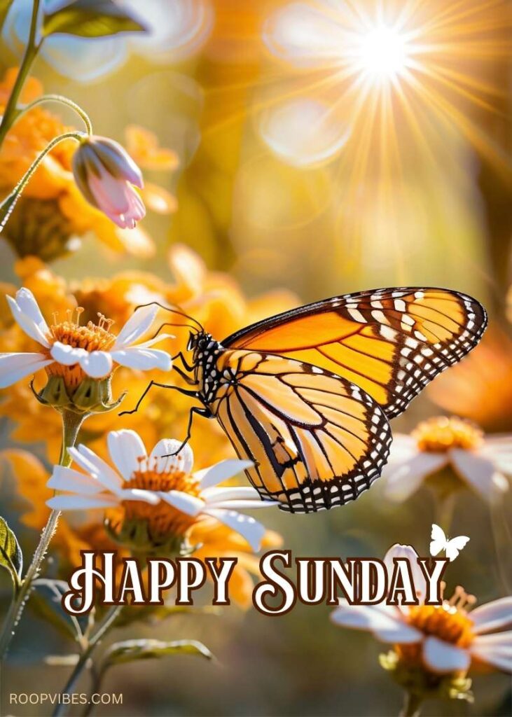 Close-Up Of A Vibrant Butterfly Perched On White And Yellow Flowers Under Soft Morning Sunlight With Happy Sunday Text.