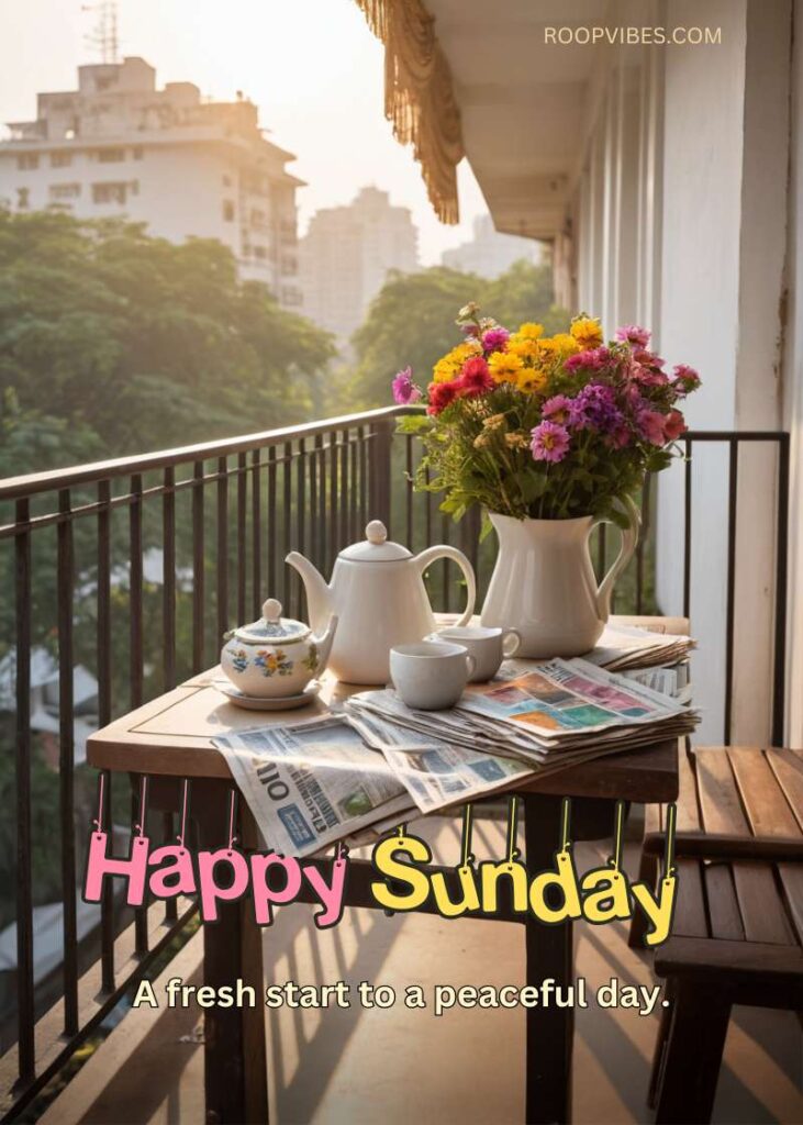 Balcony Table With Colorful Flowers, A Teapot, And Newspapers, Capturing The Essence Of A Peaceful Sunday Morning With Happy Sunday Wishes.