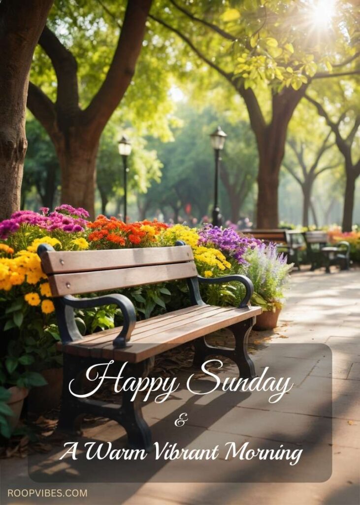 A Wooden Park Bench Surrounded By Colorful Flowers With Soft Morning Sunlight Filtering Through The Trees. The Image Has The Text ‘Happy Sunday &Amp; A Warm Vibrant Morning.