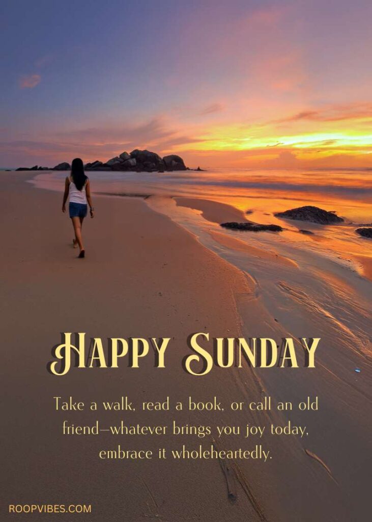 A Woman Walks Along A Calm Deserted Beach At Sunrise With Vibrant Sky And Water Reflection, Accompanied By Happy Sunday Greetings.