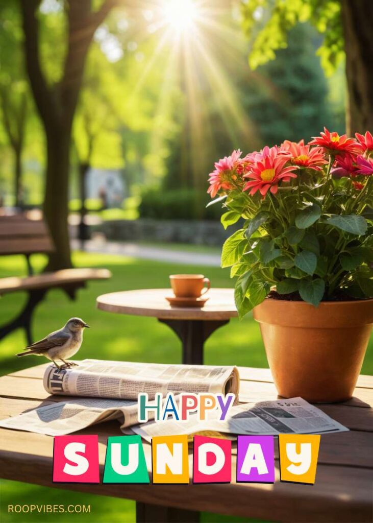 A Wooden Table With A Flowerpot On Top, Some Folded Newspapers And A Tiny Bird Perched On The Table. A Sunlit Garden In The Background With A Happy Sunday Greeting.