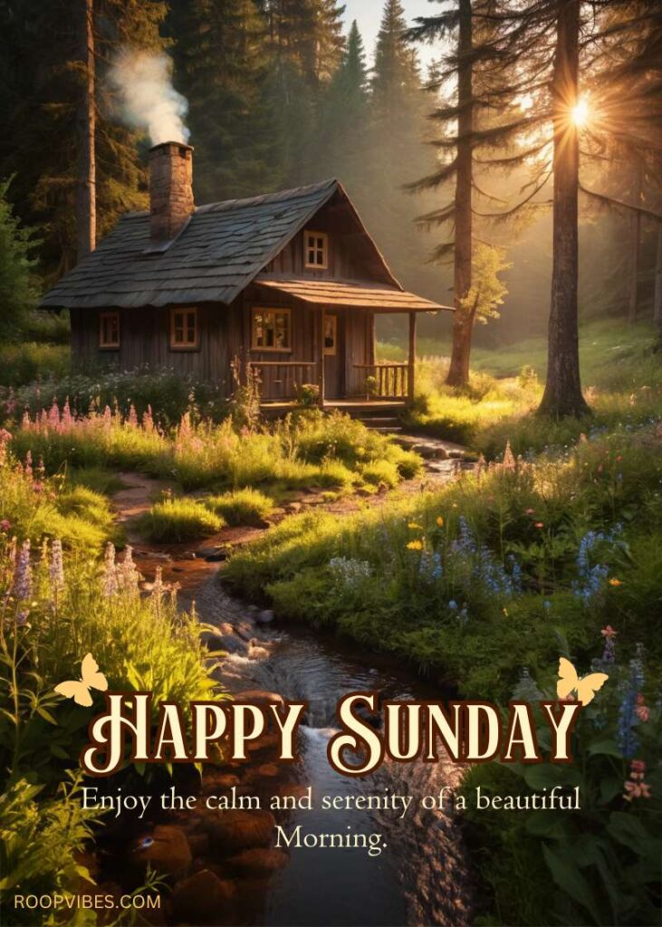 A Cozy Wooden Cottage Surrounded By Lush Greenery And Flowers, With Morning Sunlight Filtering Through The Trees Along With A Happy Sunday Wish And A Good Morning Quote.