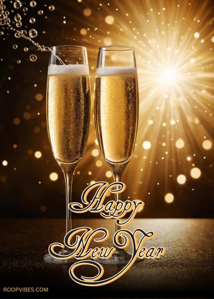 Two Champagne Glasses Filled With Bubbly Drink, With Golden Sparkles In The Background And The Text 'Happy New Year' Written In A Cursive Gold Font, Exuding Elegance And Celebration.