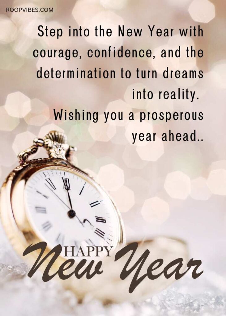 A Vintage Gold Pocket Watch Set To Midnight, Resting On A Frosty Surface, With The Inspiring Text 'Step Into The New Year With Courage, Confidence, And Determination To Turn Dreams Into Reality. Wishing You A Prosperous Year Ahead.