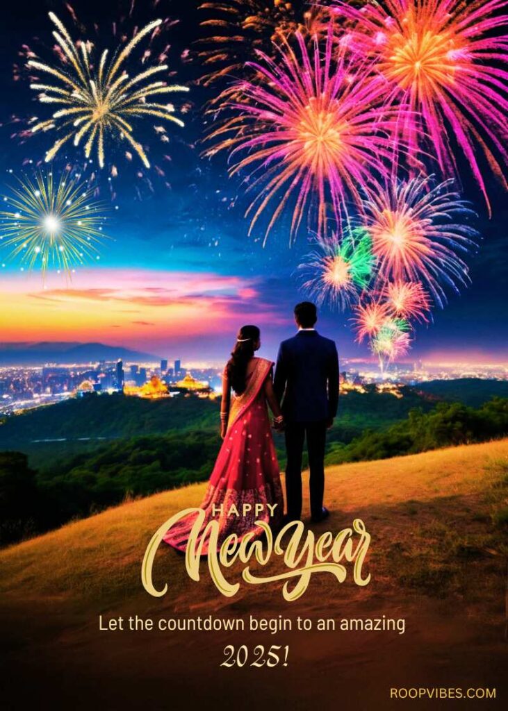 A Couple Standing Hand In Hand On A Hill Overlooking A Glowing Cityscape Under A Colorful Sky Filled With Fireworks, With The Text 'Happy New Year 2025' And The Tagline 'Let The Countdown Begin To An Amazing 2025!