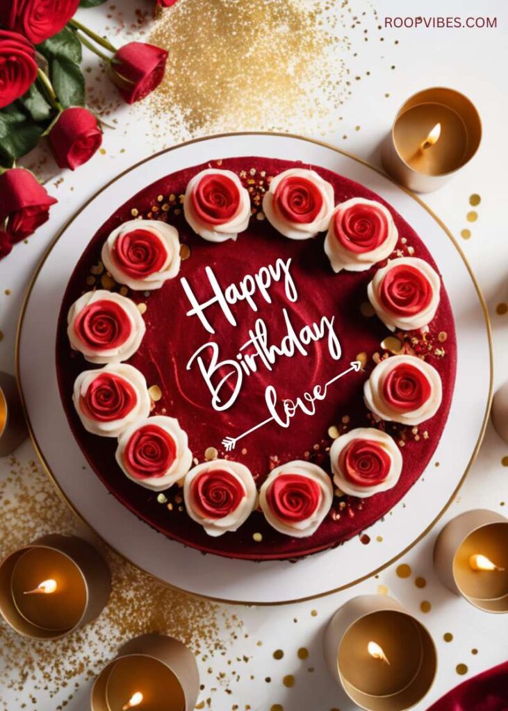 Romantic Red Velvet Birthday Cake Adorned With Rose Decorations, Surrounded By Candles And Sprinkled With Golden Glitter With Text &Quot;Happy Birthday, Love&Quot;.