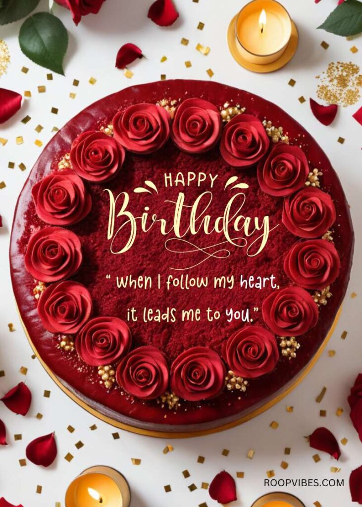 Red Velvet Cake Adorned With Roses And Gold Sprinkles, Designed For A Romantic Birthday Celebration.