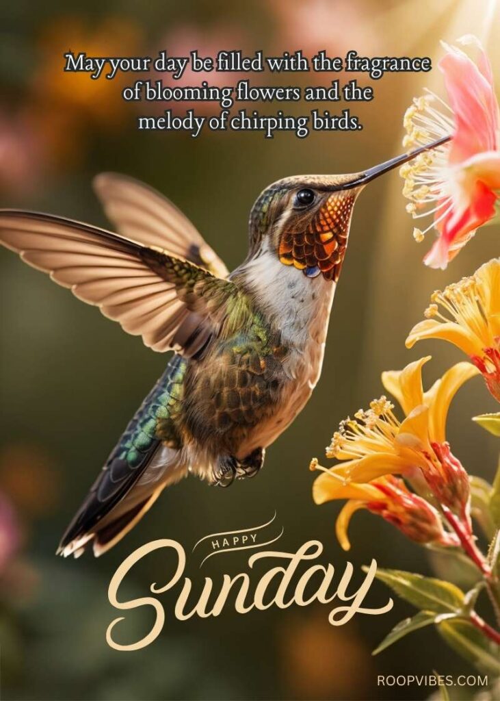 A Hummingbird In Flight Draws Nectar From Blooming Flowers, Accompanied By A Happy Sunday Wish And A Quote