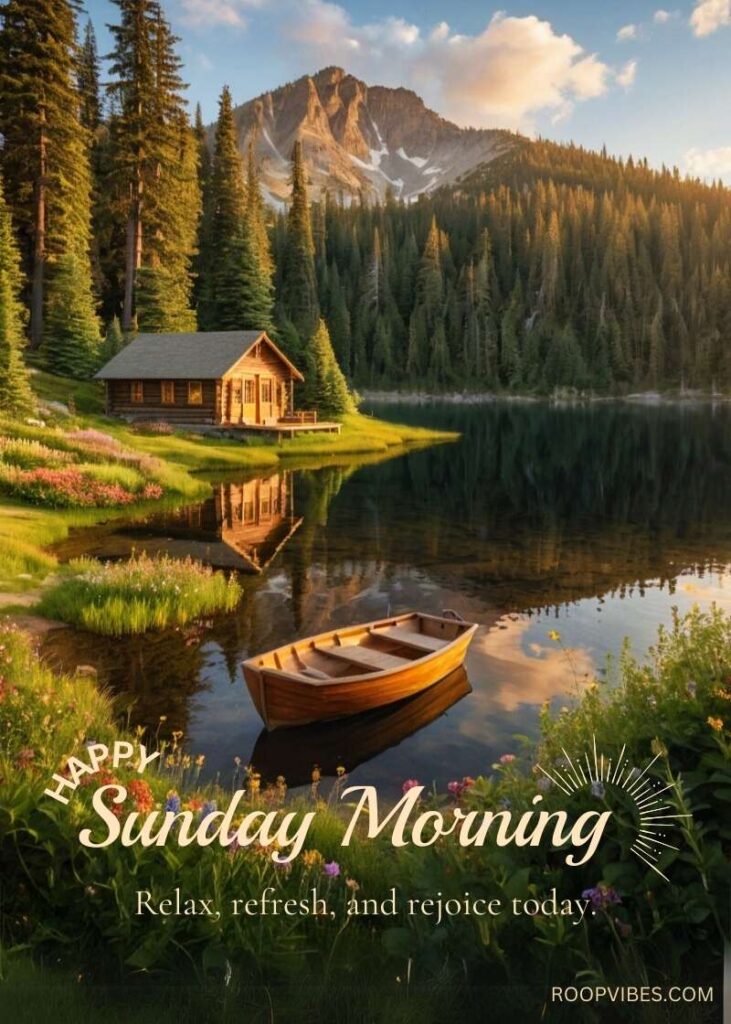 A Serene Lakeside Cottage Surrounded By Pine Trees And Mountains In The Background And A Wooden Boat On Still Waters With Happy Sunday Morning Wishes.