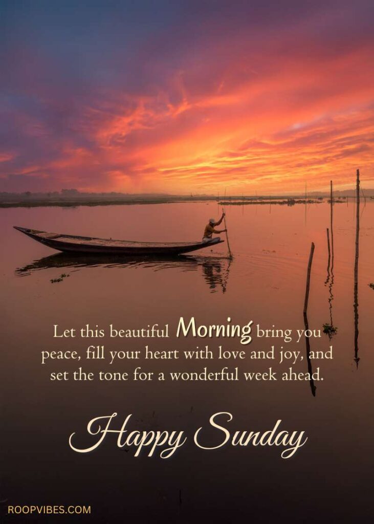 Indian Rural Scene Depicting A Peaceful Sunrise Over A River With A Boatman Paddling In The Calm Waters, Accompanied By Happy Sunday And Good Morning Wishes.