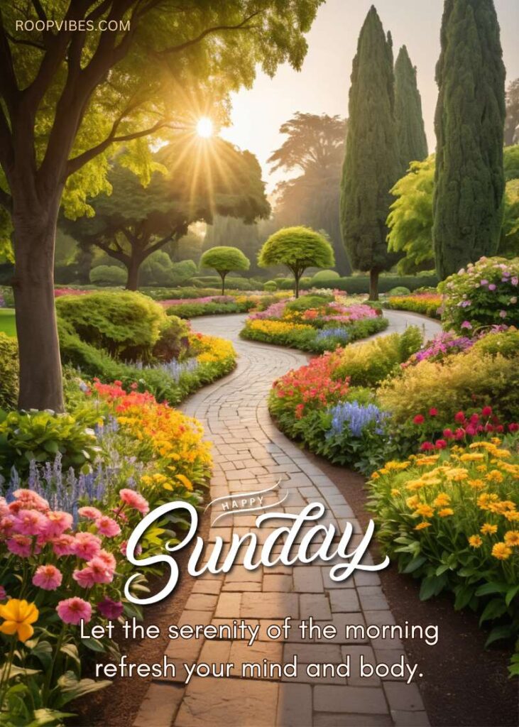 A Vibrant Garden Pathway With Blooming Flowers And Sunlight Streaming Through The Trees, Featuring The Text ‘Happy Sunday - Let The Serenity Of The Morning Refresh Your Mind And Body.’