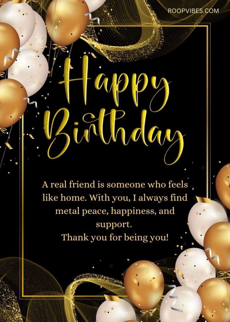 Elegant Happy Birthday Message With Black And Gold Balloons For A Special Friend