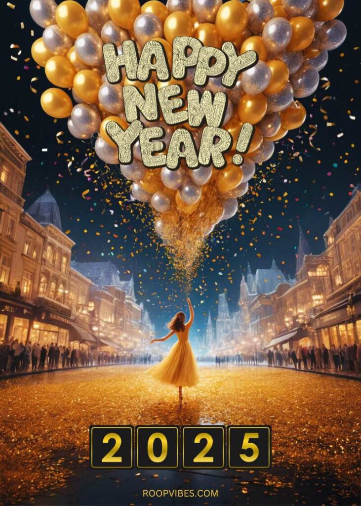 A Magical Street Celebration With A Woman In A Golden Dress Releasing A Cascade Of Gold And Silver Balloons Into The Night Sky, Accompanied By The Text 'Happy New Year 2025.