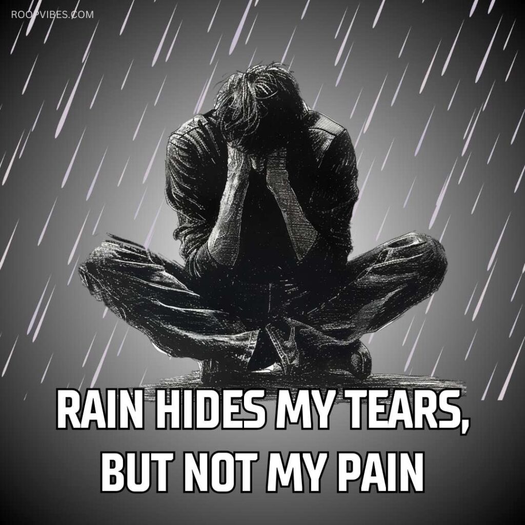 Artistic Image Of A Person Sitting In The Rain With Their Head In Their Hands, Accompanied By The Text 'Rain Hides My Tears, But Not My Pain,' Expressing Deep Sadness And Vulnerability