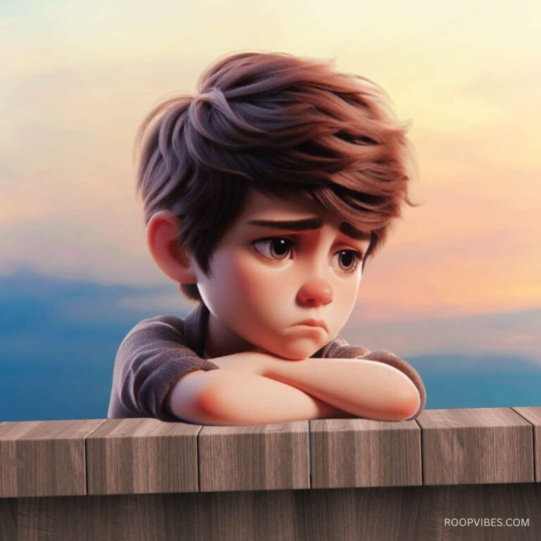 Painting Of A Sad Boy Leaning On A Wooden Fence, Gazing Into The Distance Against A Colorful Sky, Expressing Loneliness And Melancholy