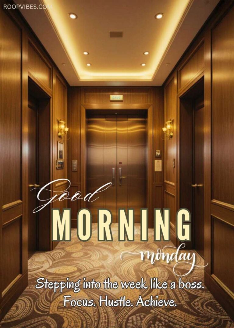 Warmly Lit Elevator Lobby In A Classy Setting, Paired With A Good Morning Monday Theme That Encourages Stepping Into The New Week With Confidence And A Success-Driven Mindset.