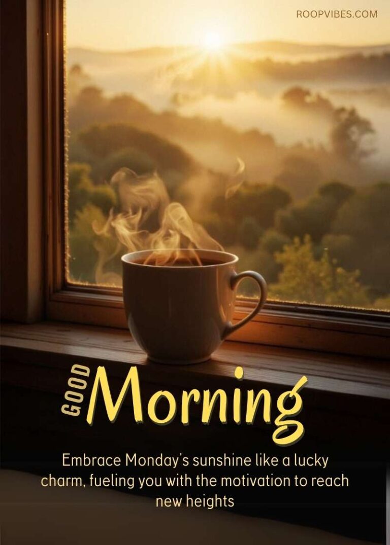 A Steaming Cup Of Tea By A Misty Sunrise Window, Illustrating A Positive Monday Greeting Focused On Harnessing Morning Energy And Optimism To Reach New Goals