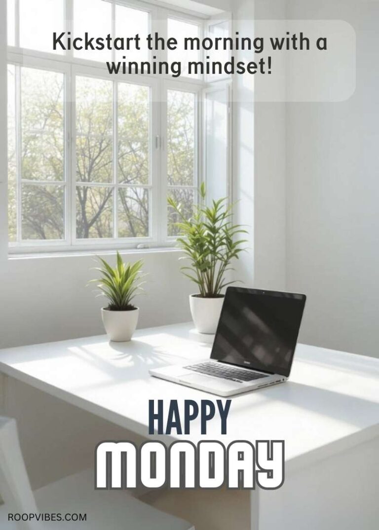 Minimalist White Desk With A Laptop And Green Potted Plants Near A Large Window, Reflecting An Energizing Monday Mindset And The Motivation To Kickstart The Day.