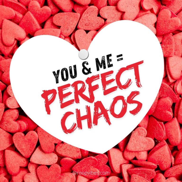 Heart-Shaped Note With ‘You &Amp; Me = Perfect Chaos’ Text On A Background Of Red Heart Cutouts—Short Love Captions For Instagram.