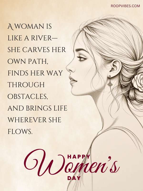 A Minimalist Sketch Of A Woman With A Quote Comparing A Woman'S Journey To A Flowing River, Symbolizing Resilience, Growth, And Perseverance. A Thoughtful Women'S Day Greeting.