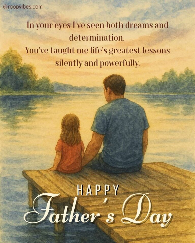 Watercolor-Style Image Of Father And Daughter Sitting On A Wooden Pier By A Lake With Heartfelt Father’s Day Message About Silent Strength And Wisdom