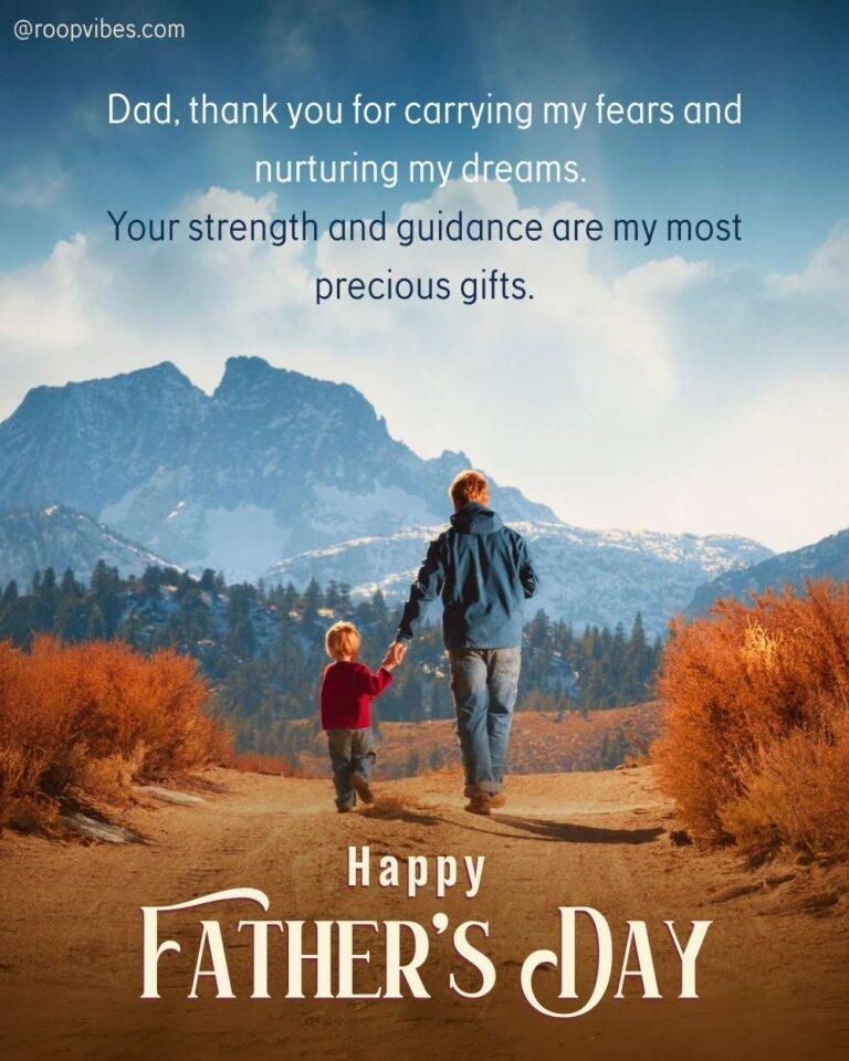 Father And Child Holding Hands On A Forest Trail With Mountains In The Background, Paired With A Heartfelt Father’s Day Quote About Strength And Guidance