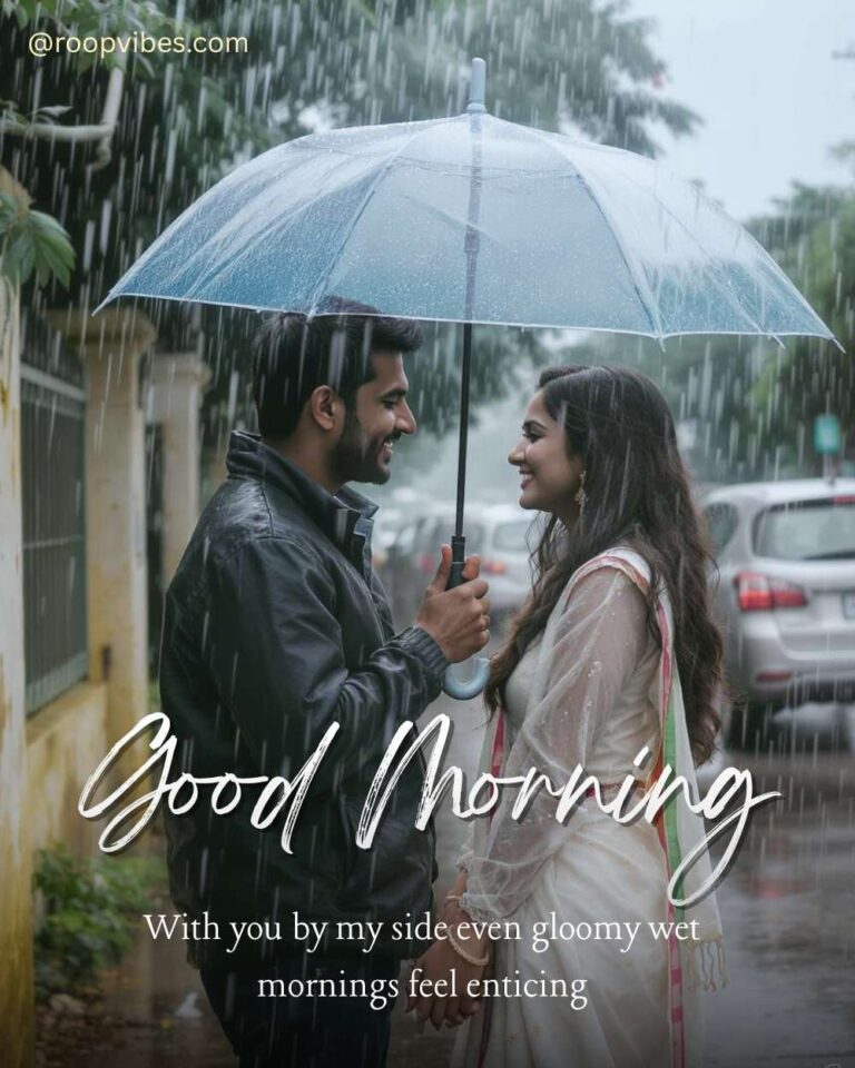 Romantic Indian Couple Smiling Under An Umbrella On A Rainy Street, With A Good Morning Love Message.