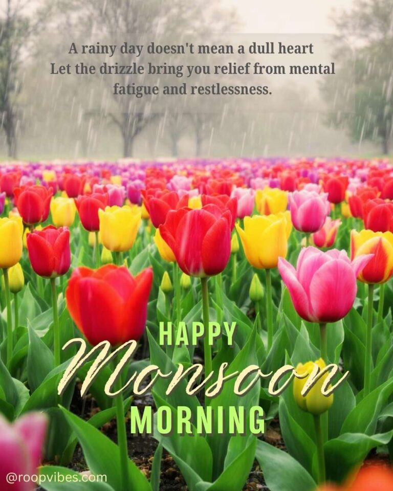 Colorful Tulip Field Under Monsoon Rain With “Happy Monsoon Morning” Greeting And An Uplifting Rainy Day Good Morning Quote.